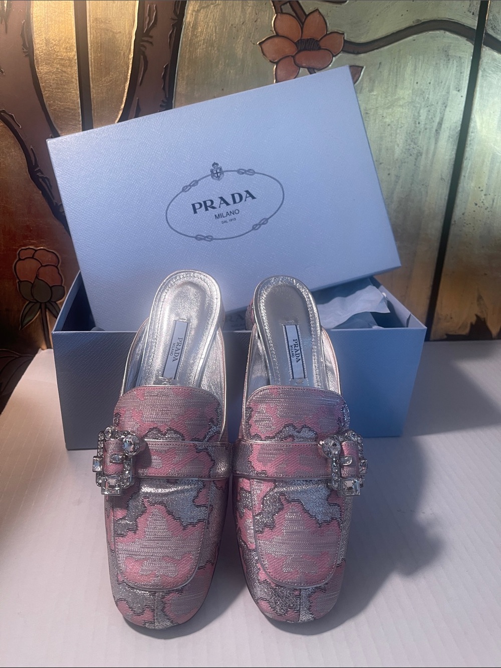 Prada Pink and Silver Jeweled Buckle Mule Loafers
SIZE 37 Unused